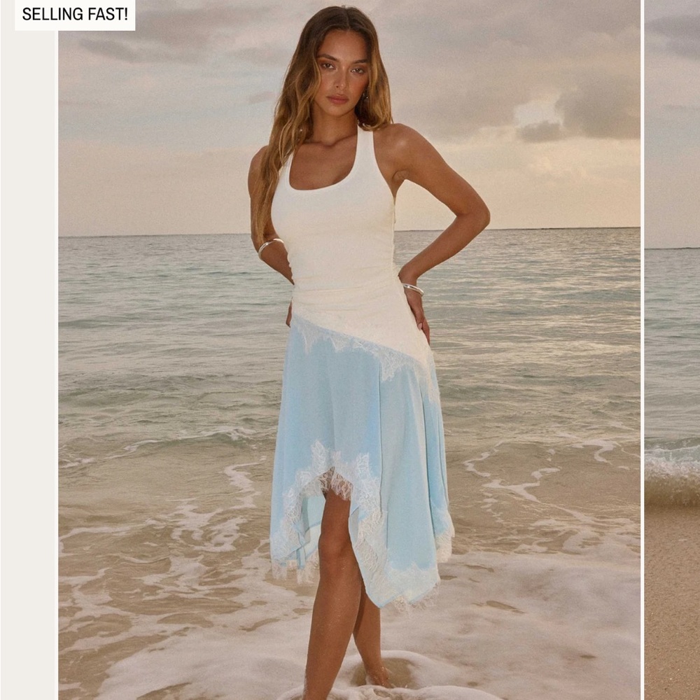 Peppermayo Brionee Midi White and Light Blue Lace Trim Halter Dress - Picture 3 of 10